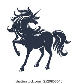 Running unicorn monochrome emblem. Elegant majestic medieval creature black isolated vector illustration