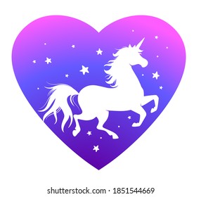 Running Unicorn silhouette with Heart. Cute vector poster with horse and stars. Cartoon character. Design for childish accessories, apparel, sticker design, greeting card, textile print, emblem, icon