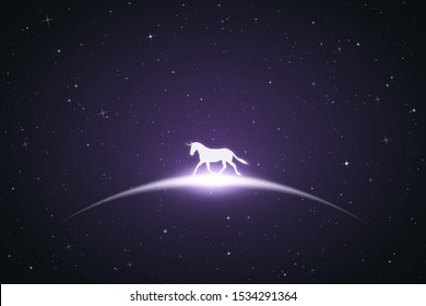 Running unicorn in space. Vector conceptual illustration with white silhouette of beautiful running horse. Violet abstract background with stars and glowing outline