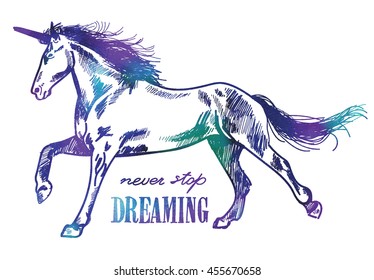 
Running unicorn . Vector freehand drawing with paint texture. The gradient space.