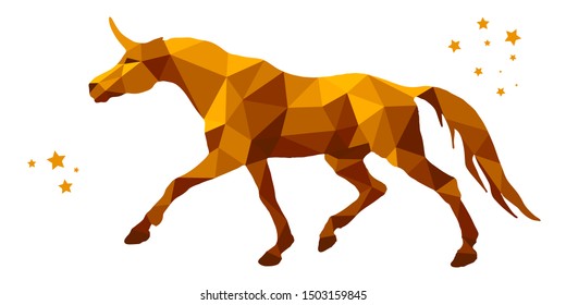 running unicorn, vector-isolated amber image on white background in low poly style 