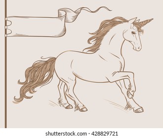 Running Unicorn In Vintage Style. Vector Hand Drawn Illustration
