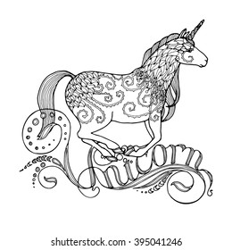 Running unicorn with writing, fairy page for adult colouring book, zentangle vector design