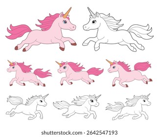 Running unicorns, pink and white outline drawings, whimsical and fantasy style.