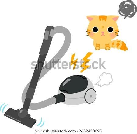 A running vacuum cleaner and a scared tabby cat