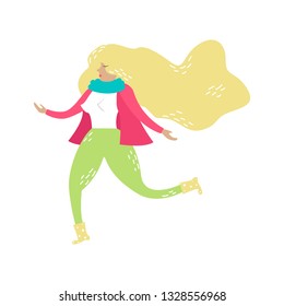 Running vector blonde girl. Spring mood. Trendy hand-drawn style.