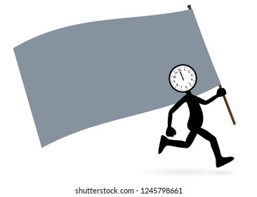Running Vector Cartoon Standard Bearer with Flag and Abstract "Clock Head". Silhouette with Banner and Running Guy Isolated on White Background. Simple Illustration Template for Urgent Events.