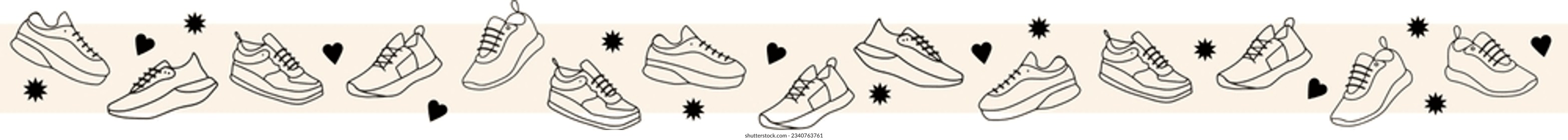 Patrón vectorial en ejecución. Ilustraciones hechas a mano de zapatos de correr.