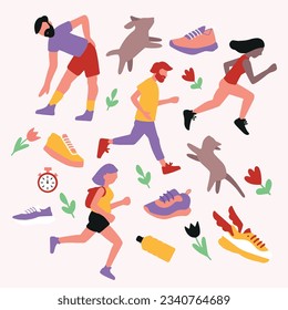Running vector pattern. Hand drawn illustrations of runners. 