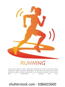 Running. Vector poster design with a silhouette of a running fit woman on a track in gradient of red, orange and yellow colors. Fitness illustration with female figure and place for your text.