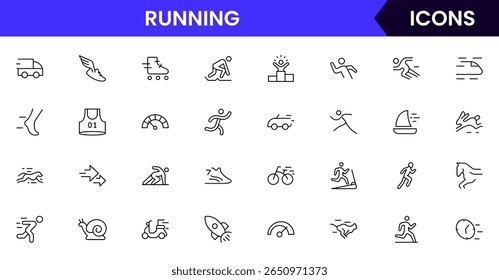 Executando vetor web linha ícone coleção, ilustrações elegantes de sapatos, faixas, fitness, velocidade para projetos dinâmicos, ativos, atléticos.
