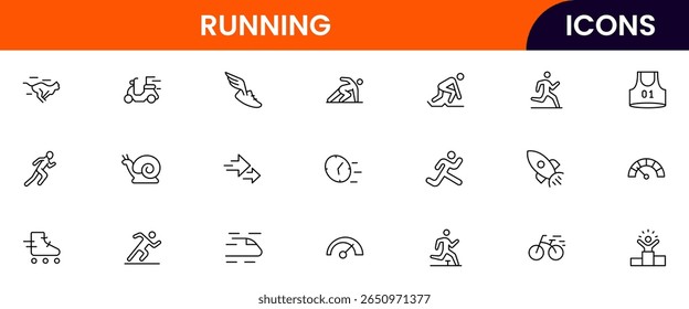 Running vector web line icon collection, sleek illustrations of shoes, tracks, fitness, speed for dynamic, active, athletic designs.