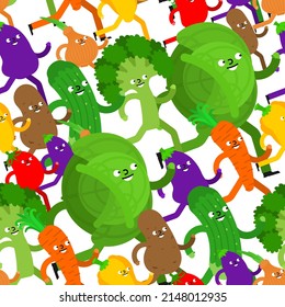 Running vegetables pattern seamless. Broccoli and Eggplant is running background. Sports vegetable. Potato and Onion. bell pepper and tomato. Cabbage and Cucumber. Carrot Vector texture