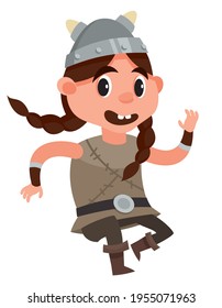 Running viking child. Cute female character in cartoon style.