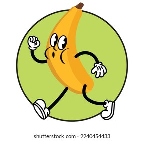 Caricatura vintage en funcionamiento mascota bananera, diseño de logo alimentario, ilustración vectorial