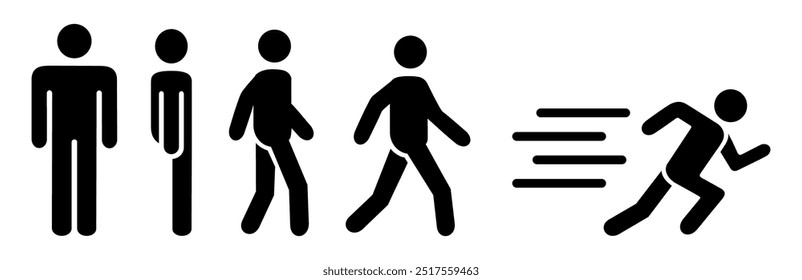 Iconos de personas corriendo y caminando. La silueta del hombre se para, camina y corre el conjunto de iconos. Símbolo de Personas. Concepto de diseño de colores negros simples. Para Web, App, ui, etc. Ilustración de icono de Vector