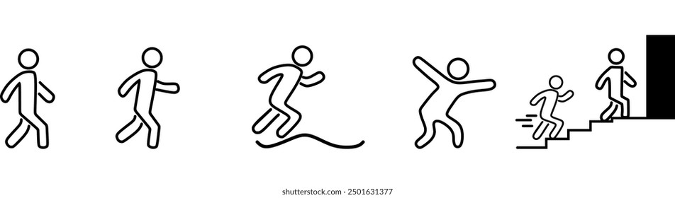 Iconos de personas corriendo y caminando. Ilustración vectorial, trazos editables.