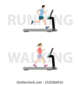 Running and walking people. Summer outdoor sport activities on electric treadmill