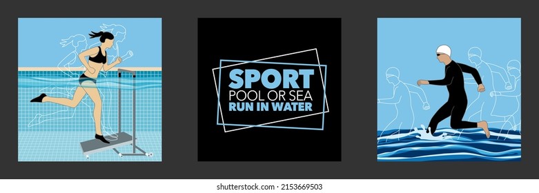 Running in water to keep healthy, a sport illustrated on one side by a girl running on an aquatic treadmill in a swimming pool and on the other side a boy jogging in the sea.