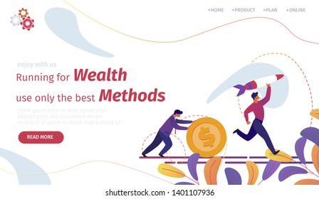 Running for Wealth Use Only Beast Methods Horizontal Banner. Businessman Rolling Huge Dollar Coin, Business Man Running with Rocket in Hand. Start Up Project. Cartoon Flat Vector Illustration.