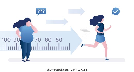 Running for weight loss. Fat lady is thinking about losing weight, while slim and athletic girl is already running. Fitness and cardio for health. Sport concept. Female jogger character. flat vector