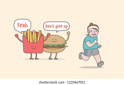 Running for weight loss (junk food & fat woman character) illustration vector on yellow background. Exercise concept.