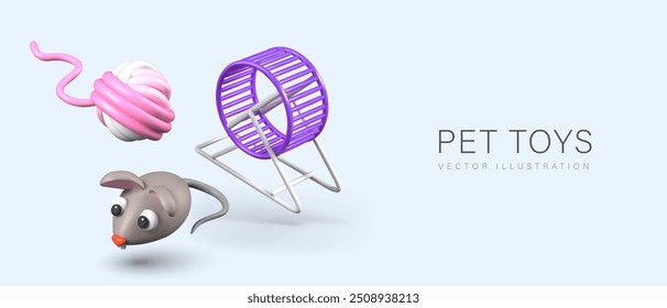 Running wheel, unwound soft ball, toy mouse. Items for fitness and entertainment of pets