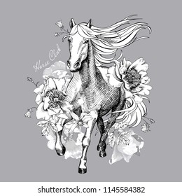 Running White Horse with a exotic flowers and leaves on a gray background. Horse club - lettering quote. Poster, t-shirt composition, handmade print. Vector monochrome illustration.