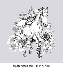 Running White Horse with a peony, tulip flowers and leaves. Horse club - lettering quote. Poster, t-shirt composition, handmade print. Vector monochrome illustration.