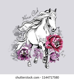 Running White Horse and pink peony, violet tulip flowers. Horse club - lettering quote. Poster, t-shirt composition, handmade print. Vector illustration.