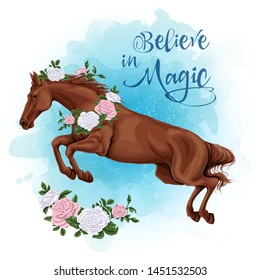 Running White Horse with a roses watercolor background.