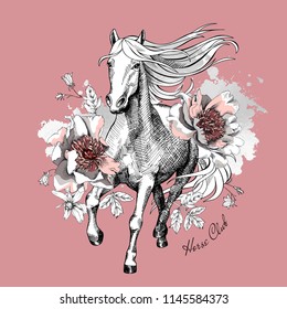 Running White Horse with a silver  exotic flowers and leaves on a carnation pink background. Horse club - lettering quote. Poster, t-shirt composition, handmade print. Vector illustration.