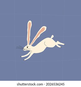 Running white rabbit with long ears. Isolated fabulous hare on a blue background. Cute jumping bunny character. Easter card. Forest animal hand drawn vector illustration.
