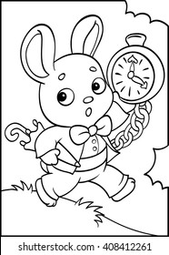 Running White Rabbit with pocket watch. Coloring. Cartoon Vector Illustration. Isolated on white background. 