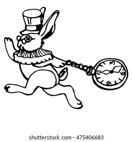 Running White Rabbit with pocket watch. Vector illustration for tale Alice in Wonderland.