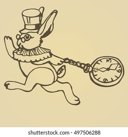 Running White Rabbit with pocket watch. Vector illustration.