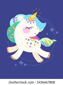 Running white Unicorn. Cute kawaii cartoon magic animal. Colorful vector illustration for kids designs, posters, cards.
