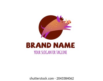 Running wild boar vector flat design illustration. Company logo with a wild boar.