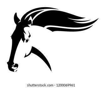 Running Wild Horse With Flying Mane - Mustang Head Black And White Vector Design