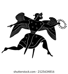 Running winged ancient Greek goddess Nike or Victory holding laurel wreath. Black and white negative silhouette. Vase painting style.