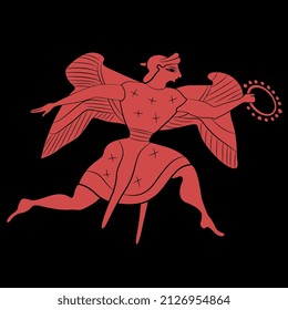 Running winged ancient Greek goddess Nike or Victory holding laurel wreath. Black and red silhouette. Vase painting style. 