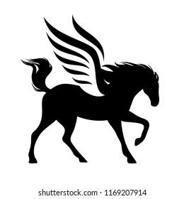running winged horse silhouette - black and white vector pegasus design