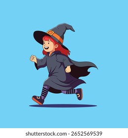 running witch girl in halloween costume