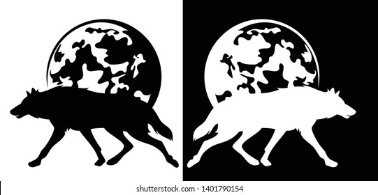 running wol and full moon - wild nature at night black and white vector silhouette