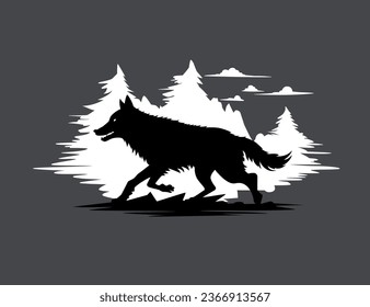 Running wolf against the background of the forest. Black and white illustration.