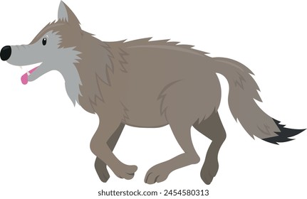 Running wolf isolated on white background. Vector cartoon animal illustration for kids.