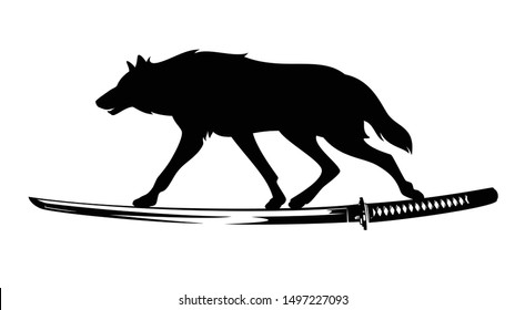 running wolf and samurai katana sword blade - profile animal shadow silhouette and traditional japanese weapon black and white vector outline
