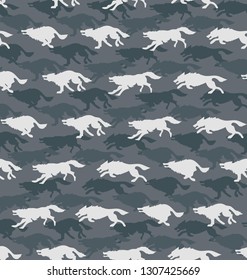 Running wolves. Gray background. Seamless pattern. Design for the club of fans of hunting, for printing on fabric or paper.