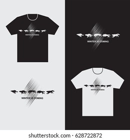 Running wolves on t-shirts. Emblem. Making black and white t-shirt. Vector image. Design for textiles, printing on fabric or paper.