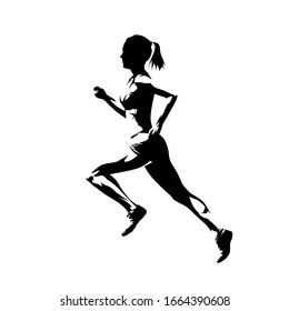 Running woman, abstract isolated vector silhouette. Ink drawing, side view